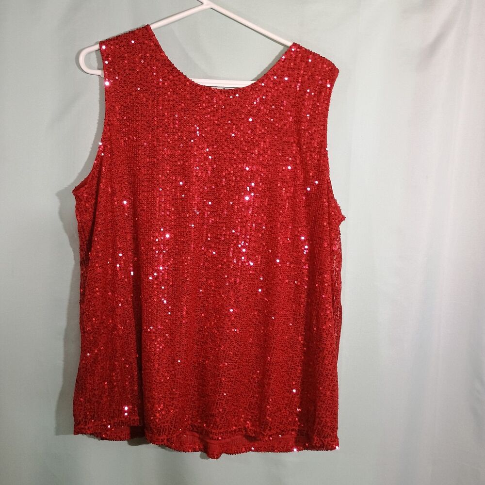 Red Sequin Tank Top Sleeveless Sparkly Party Top Holiday Evening Blouse - Picture 4 of 4